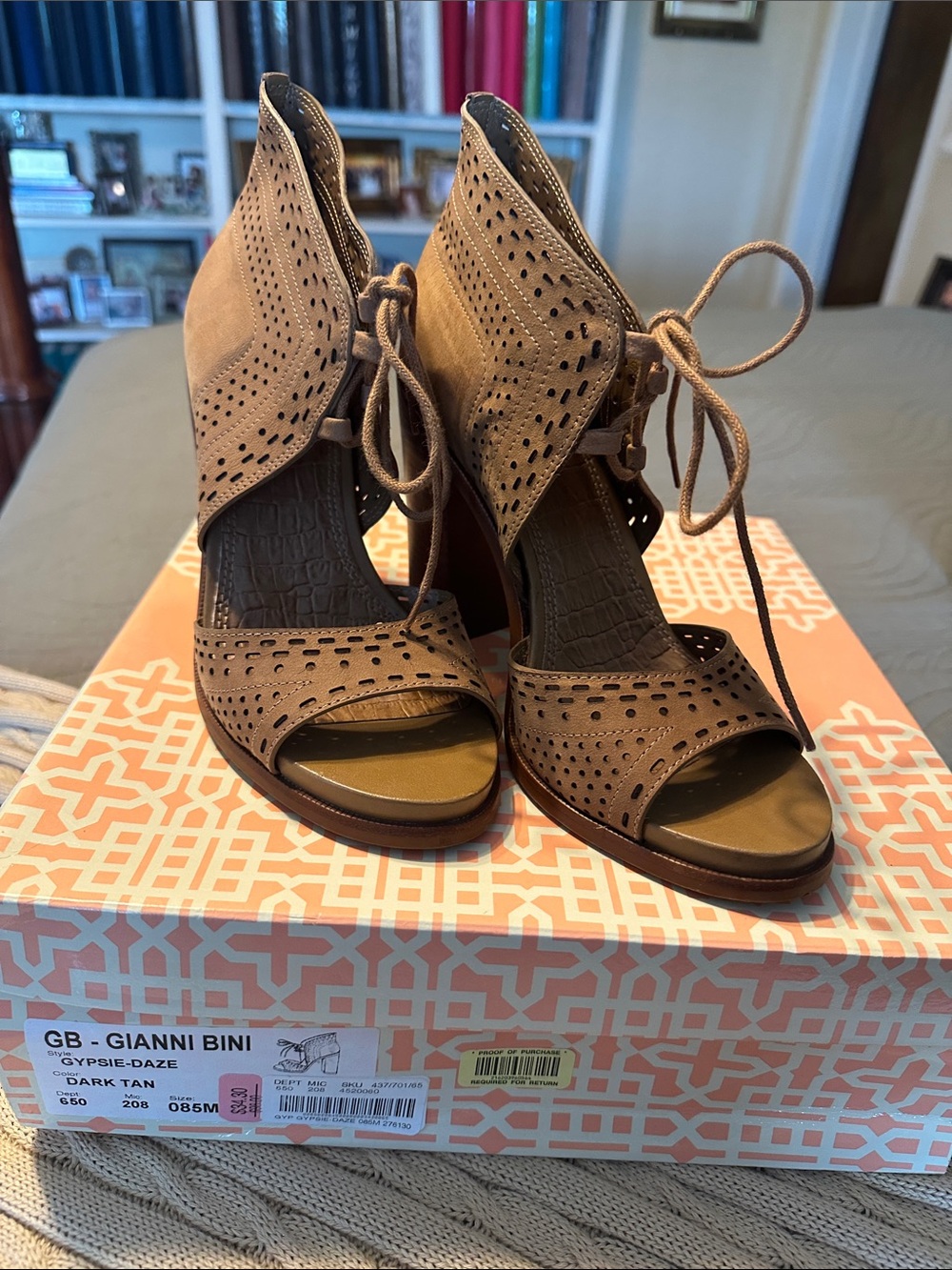 Gianni Bini Dark Tan Perforated Lace-Up Peep-Toe Heels
